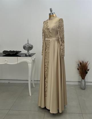 Çağla Hijab Evening Dress with Stone Lace Detail Gold