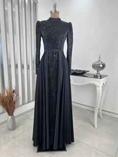 Çağla Hijab Evening Dress Black with Stone Lace Detail