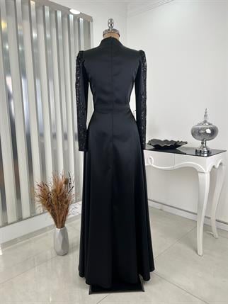 Çağla Hijab Evening Dress Black with Stone Lace Detail