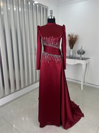 Ceyla Tesettür Abiye Önü Drapeli Taş Detaylı Bordo