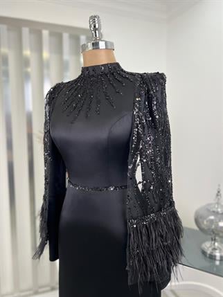 Mademoiselle Hand Embroidered Stone Hijab Evening Dress Black