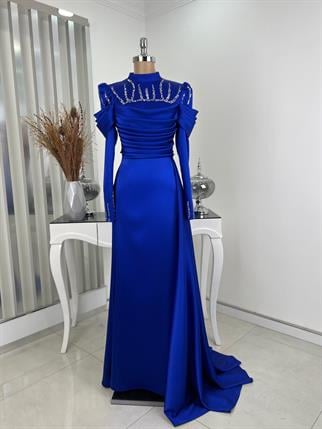 Dream Drape And Stone Detailed Hijab Evening Dress in Saks Blue