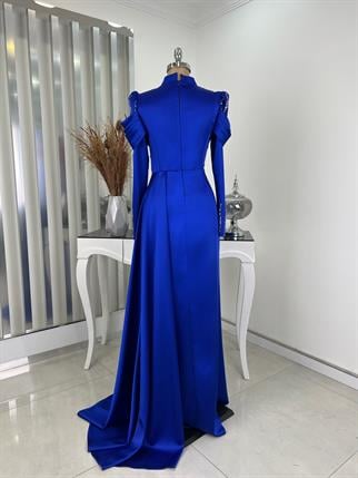 Dream Drape And Stone Detailed Hijab Evening Dress in Saks Blue