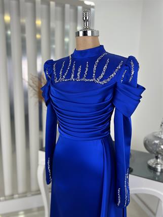 Dream Drape And Stone Detailed Hijab Evening Dress in Saks Blue