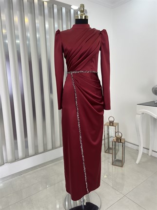 Yellow Drape Stone Detailed Hijab Evening Dress Burgundy