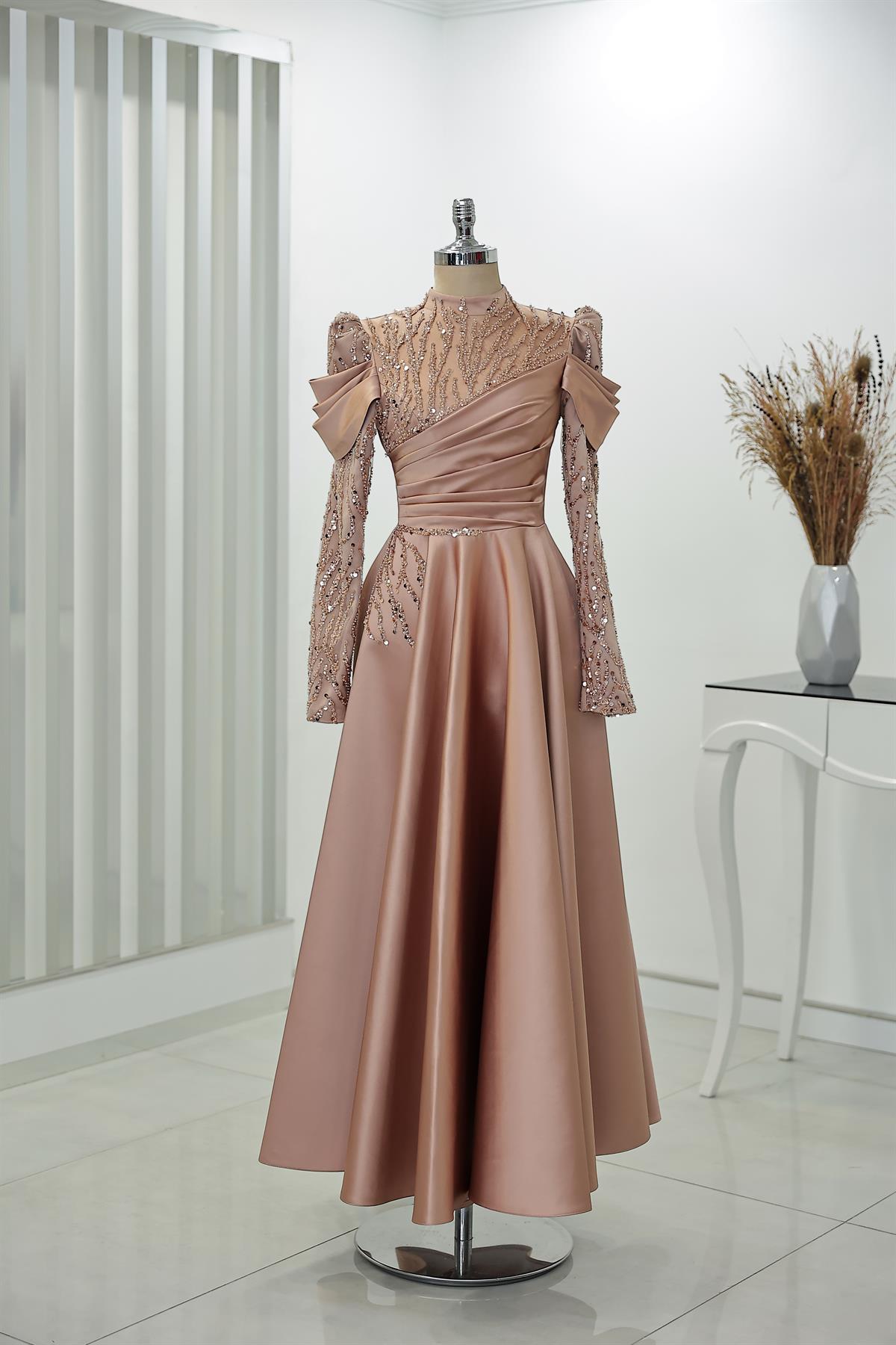 Robe De Soiree Mi Longue Perlee Rose