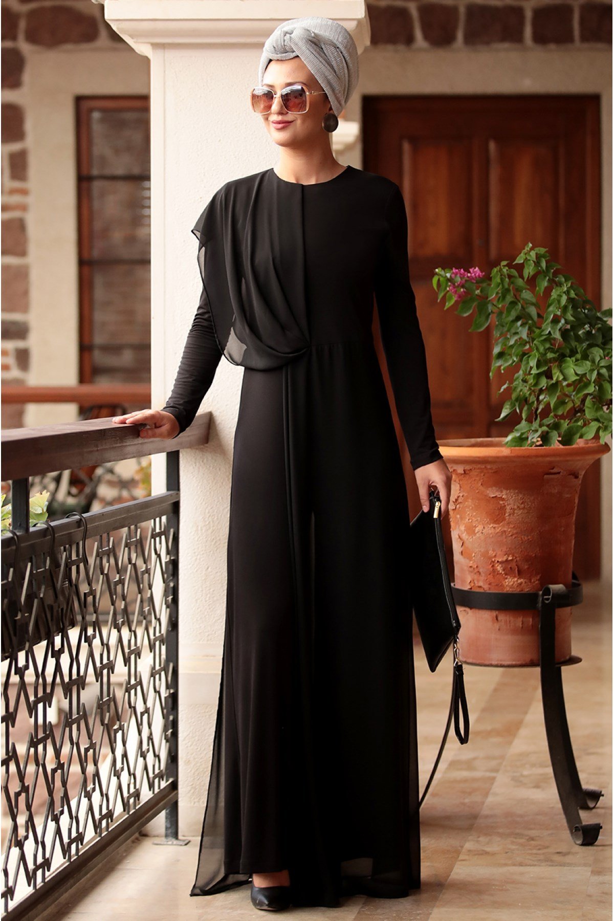 Rana Zen Chain Detail Judge Collar Hijab Jumpsuit Black