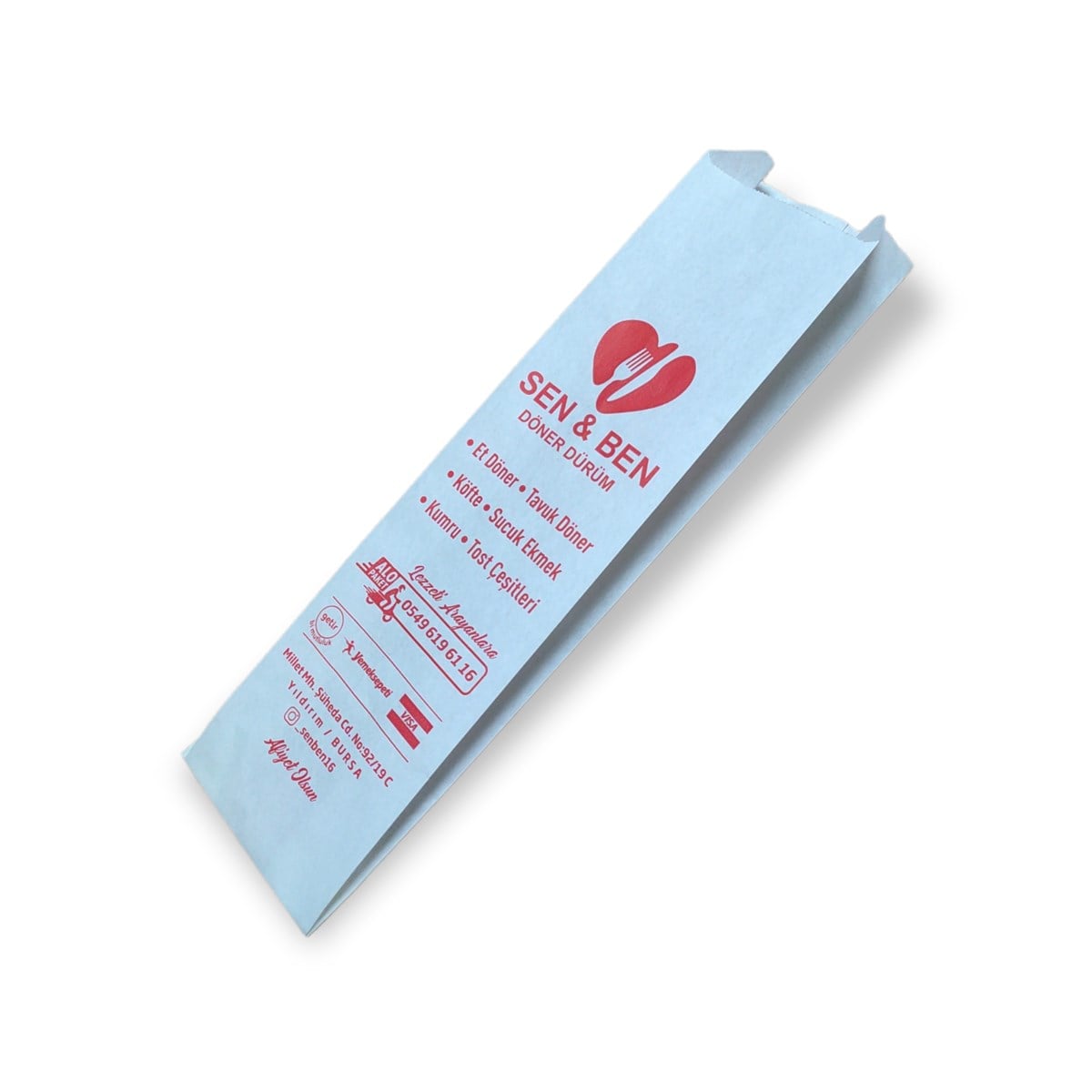 Baskılı Uzun  Dürüm Kesekağıdı-Beyaz Sülfit Kağıt-(En:7cm/Boy:39cm/Körük:4cm)