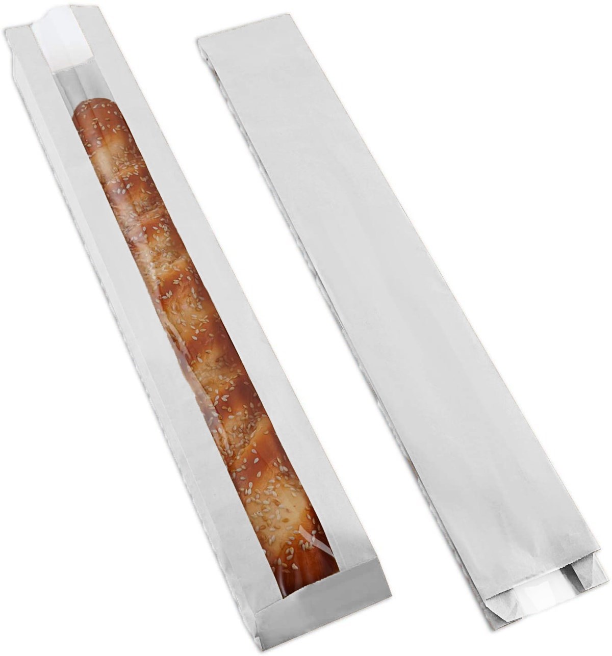Baskısız Pencereli Baget Ekmek Kesekağıdı-Beyaz Sülfit Kağıt-(En:9,5cm/Boy:59cm/Körük:5cm+Pencere)