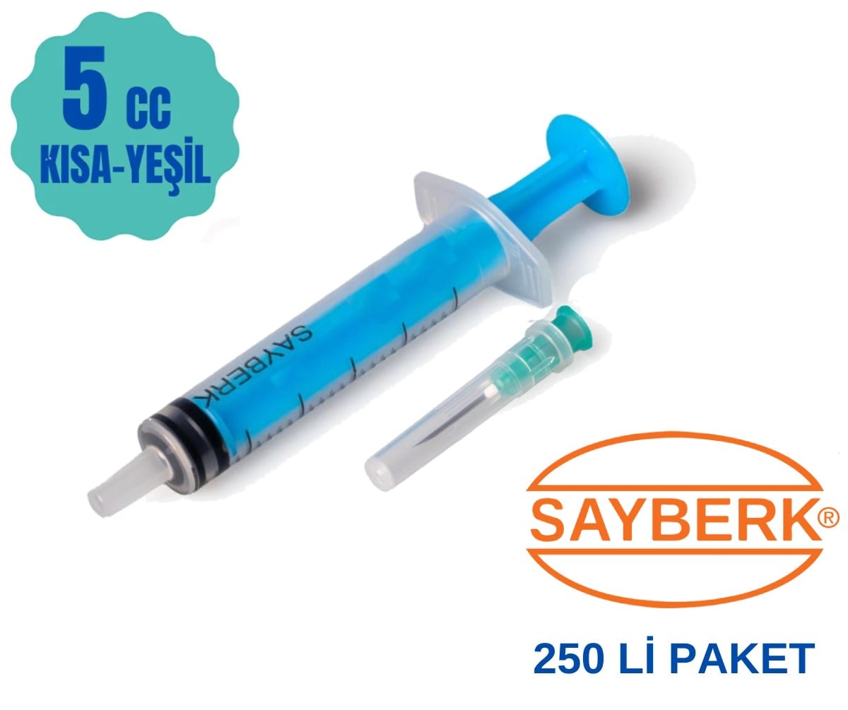 Sayberk 5 CC 3 Parça (Contalı) Kısa ve Yeşil Uçlu  Enjektörü 250li Paket