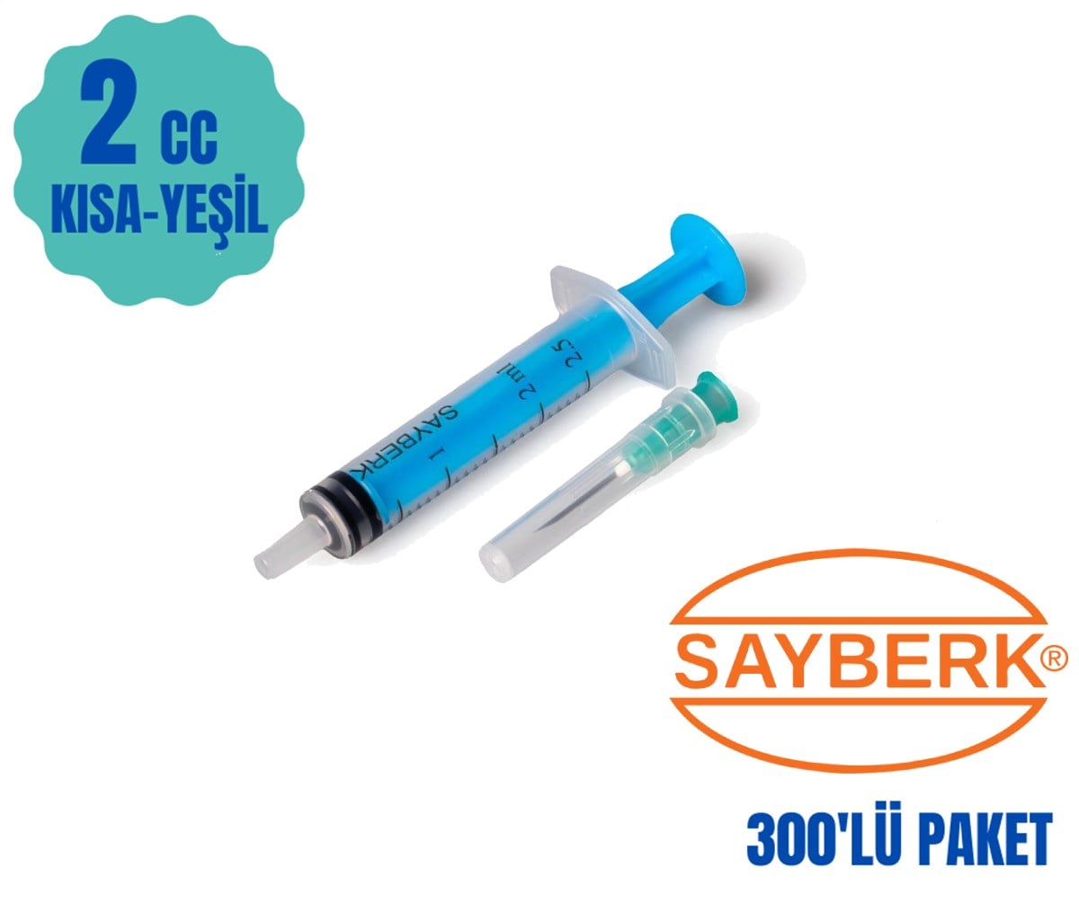 Sayberk 2 CC 3 Parça (Contalı) Kısa ve Yeşil Uçlu Enjektörü 300lü Paket
