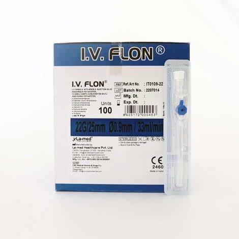 I.V FLON Branül (intraket) 100 lü Paket 22 G Mavi