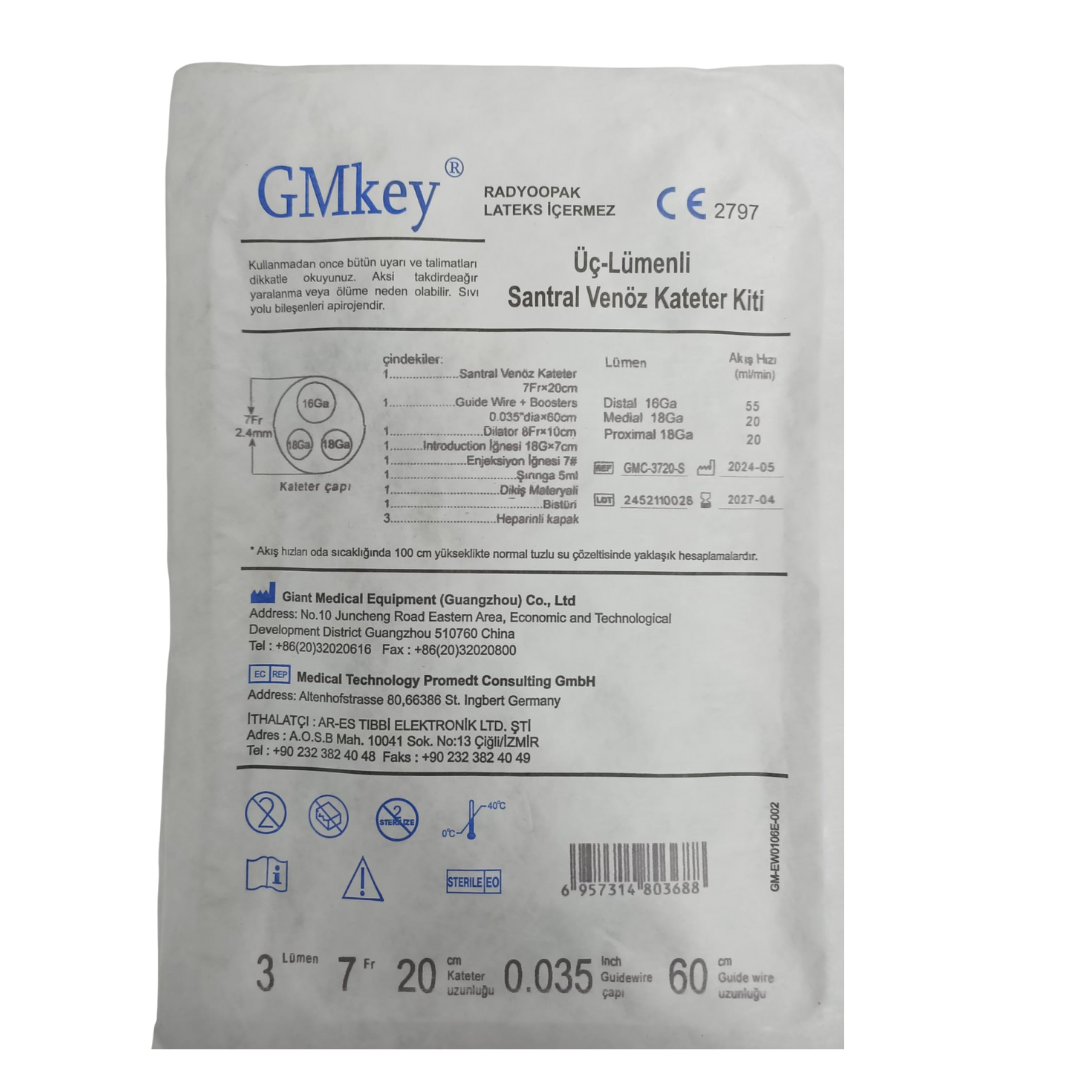 Santral Venöz kateter Seti Tek Kullanımlık 7 Fr 3L 20 CM