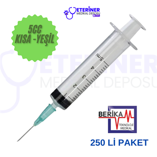 Berika 5 CC 3 Parça Contalı ve Yeşil Kısa Uçlu Veteriner Enjektörü 250 Li Paket