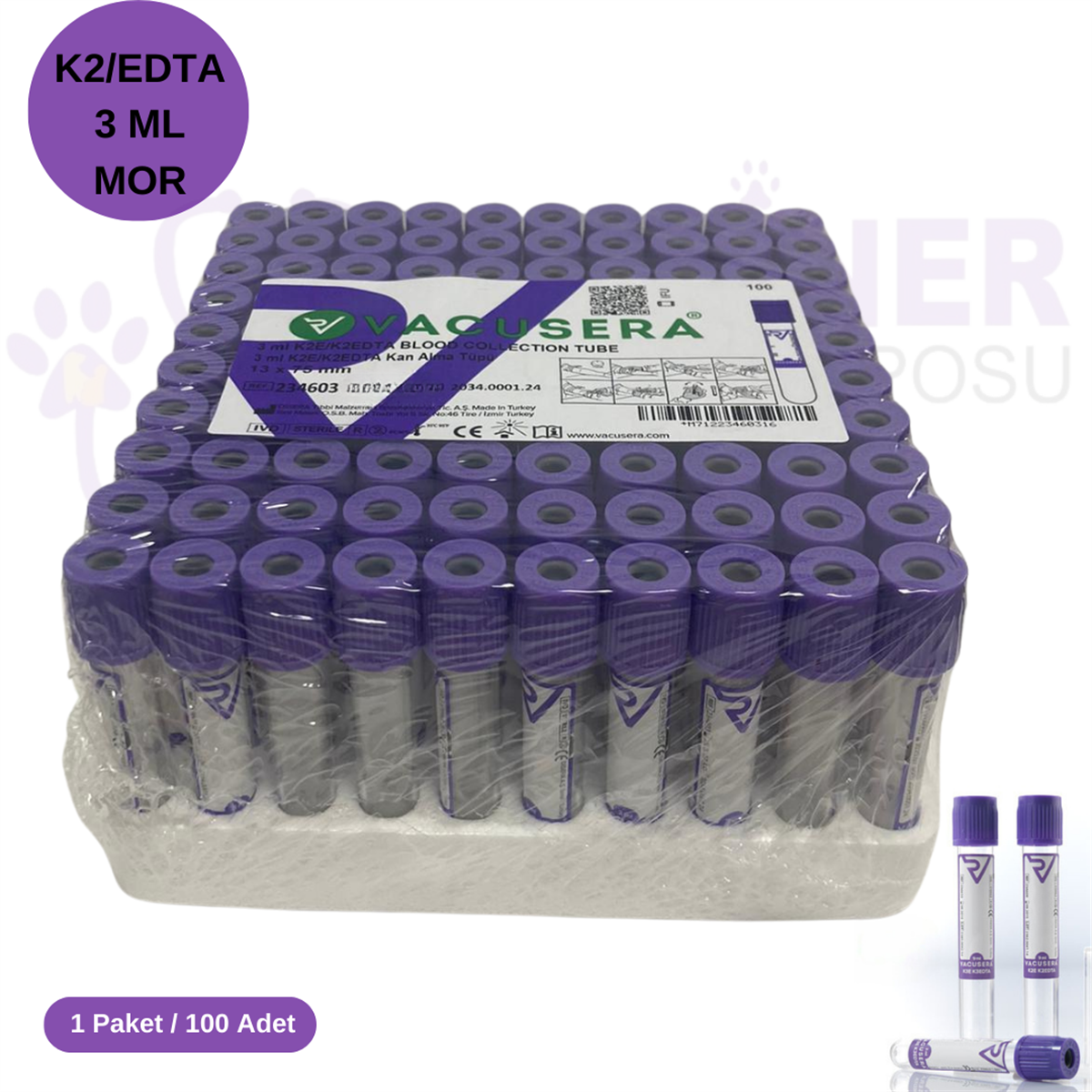  Vakumlu K2 Edtalı Tüp 3 ML (Mor Kapak) 100'lü Paket