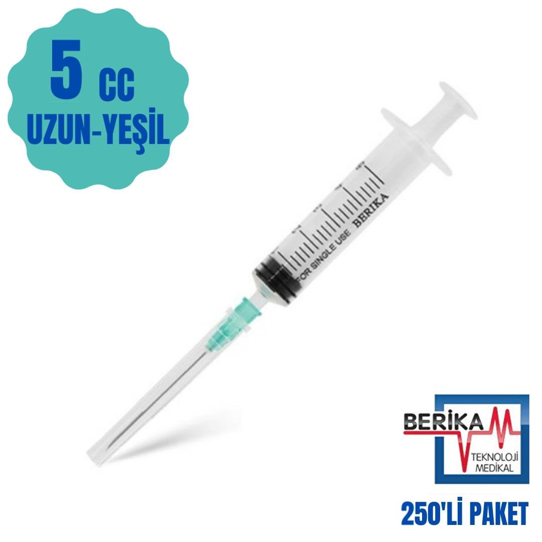 Berika 5 CC 3 Parça Contalı ve Yeşil Uzun Uçlu Enjektör 250' Li Paket