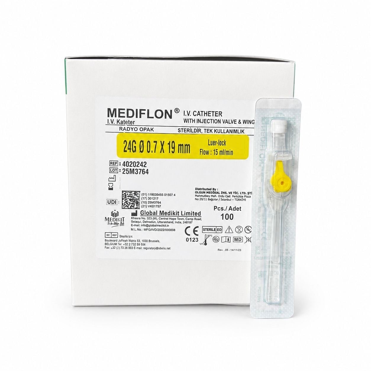 Mediflon Branül (intraket) 100 'lü Paket 24G Sarı