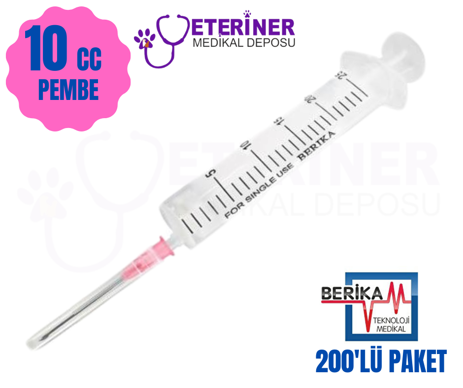 Berika 10 CC 3 Parça (Contalı) Pembe Uçlu Enjektör 200lü Paket