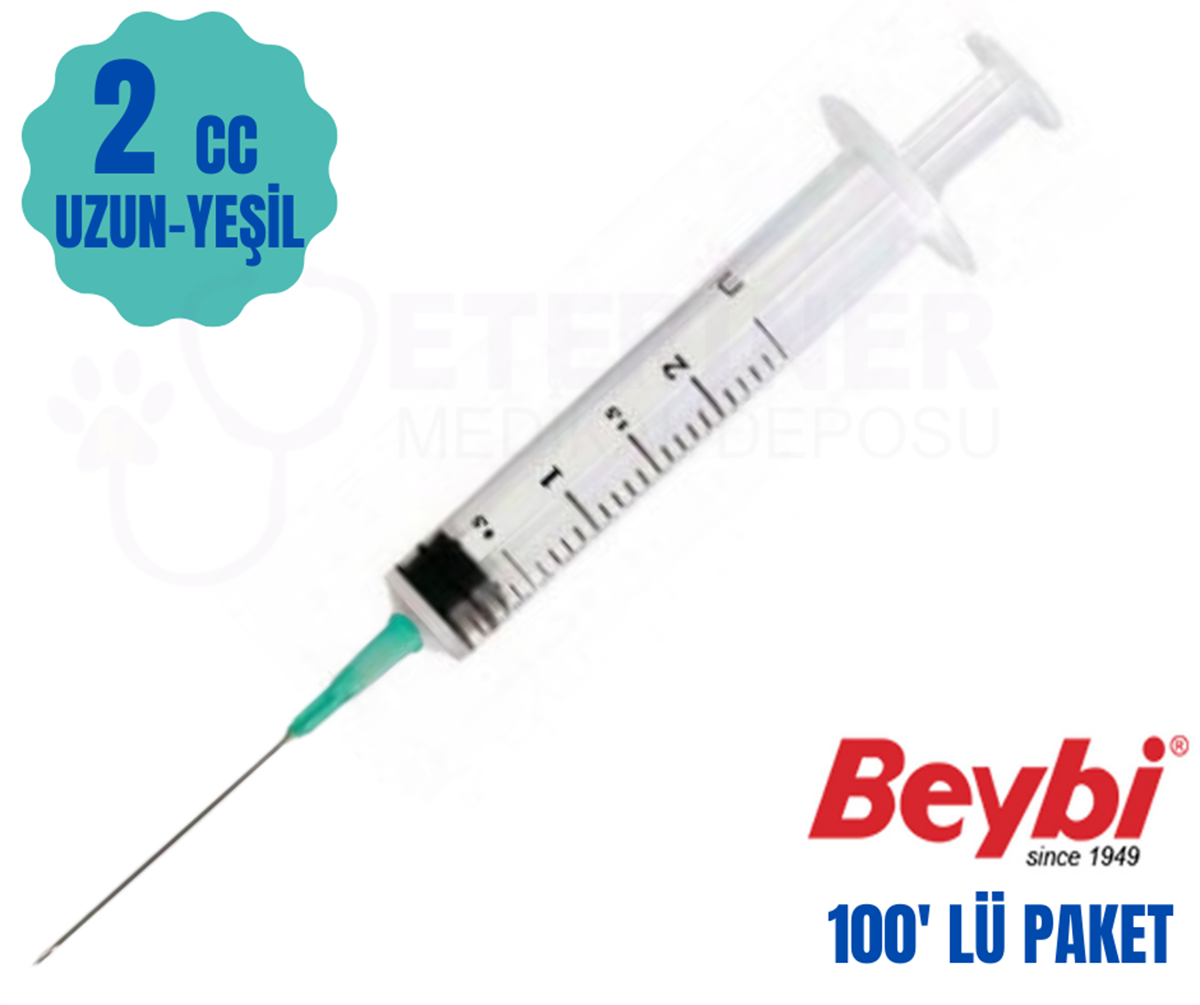Beybi 2 CC 3 Parça Contalı ve Yeşil Uzun Uçlu  Enjektörü 100' Lü Paket