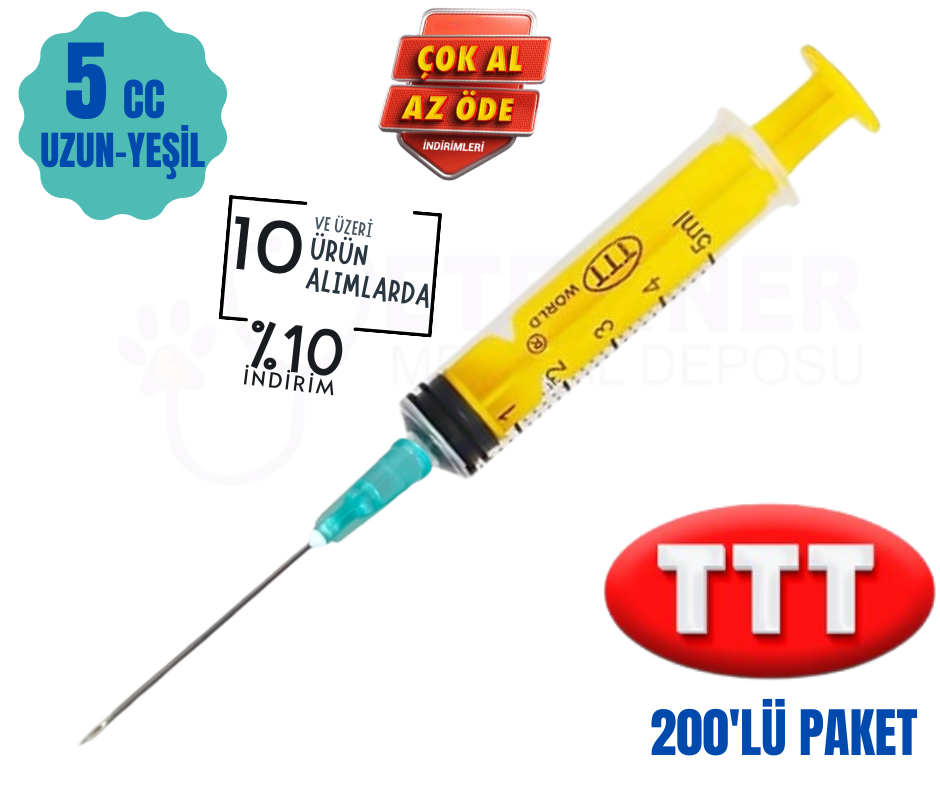 Ttt 5 cc 3 Parça (contalı ) Uzun Yeşil Uçlu Enjektör 200 lü Paket