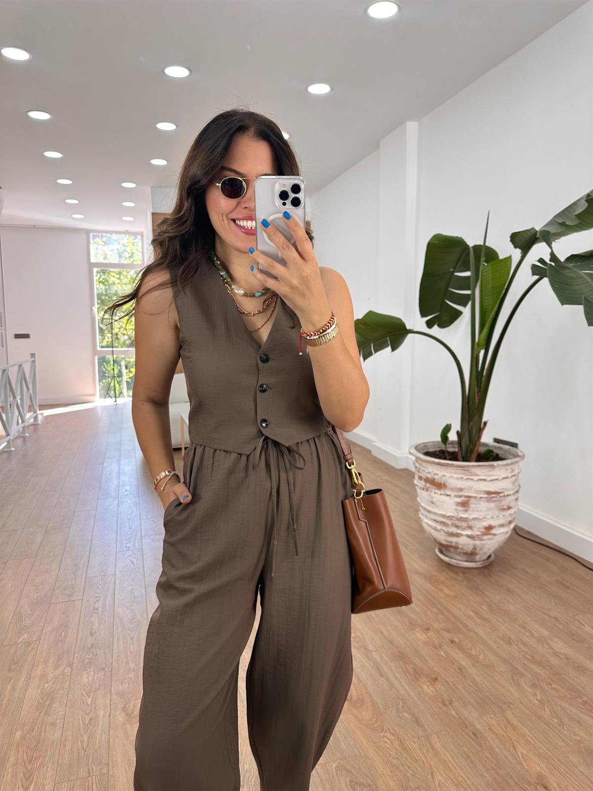 %100 Cotton Yelekli Pantolon Takım - Kahverengi