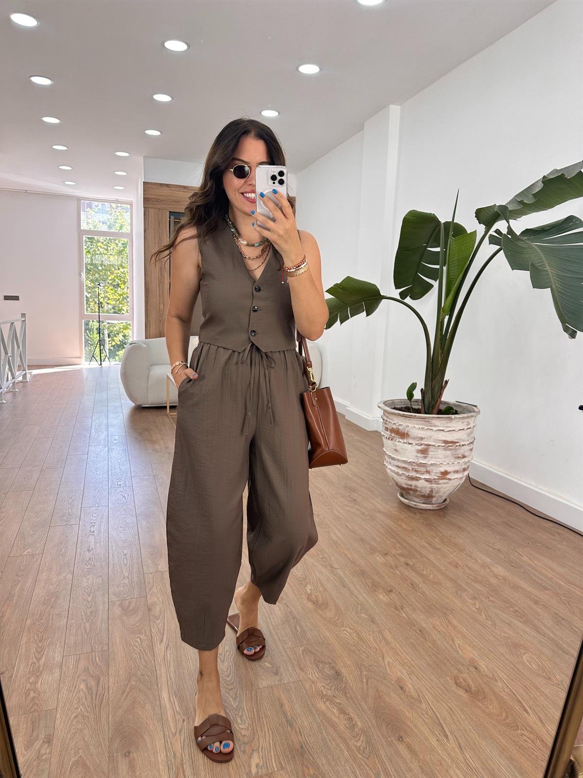 %100 Cotton Yelekli Pantolon Takım - Kahverengi