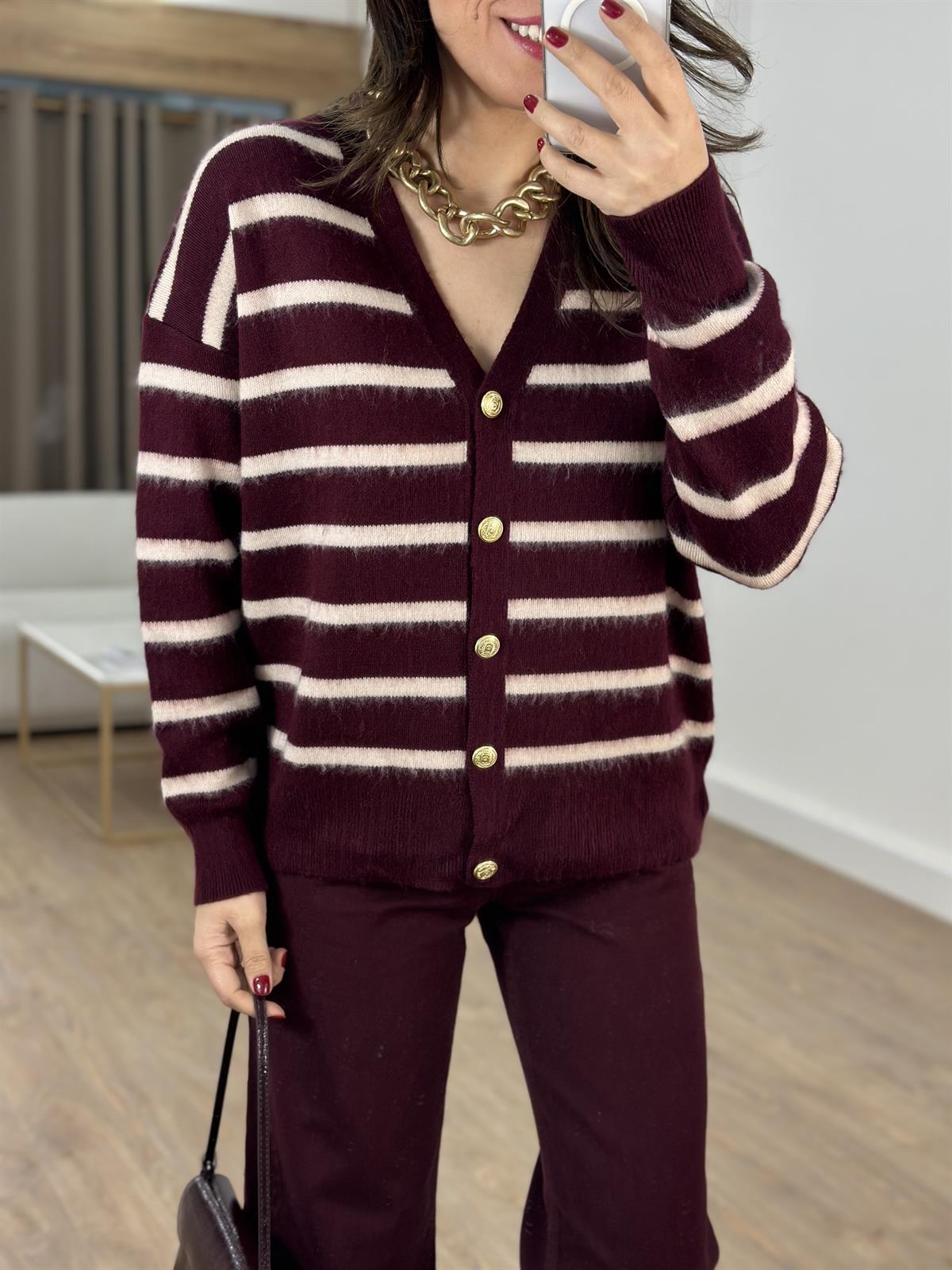  Gold Düğmeli Çizgili Triko Hırka