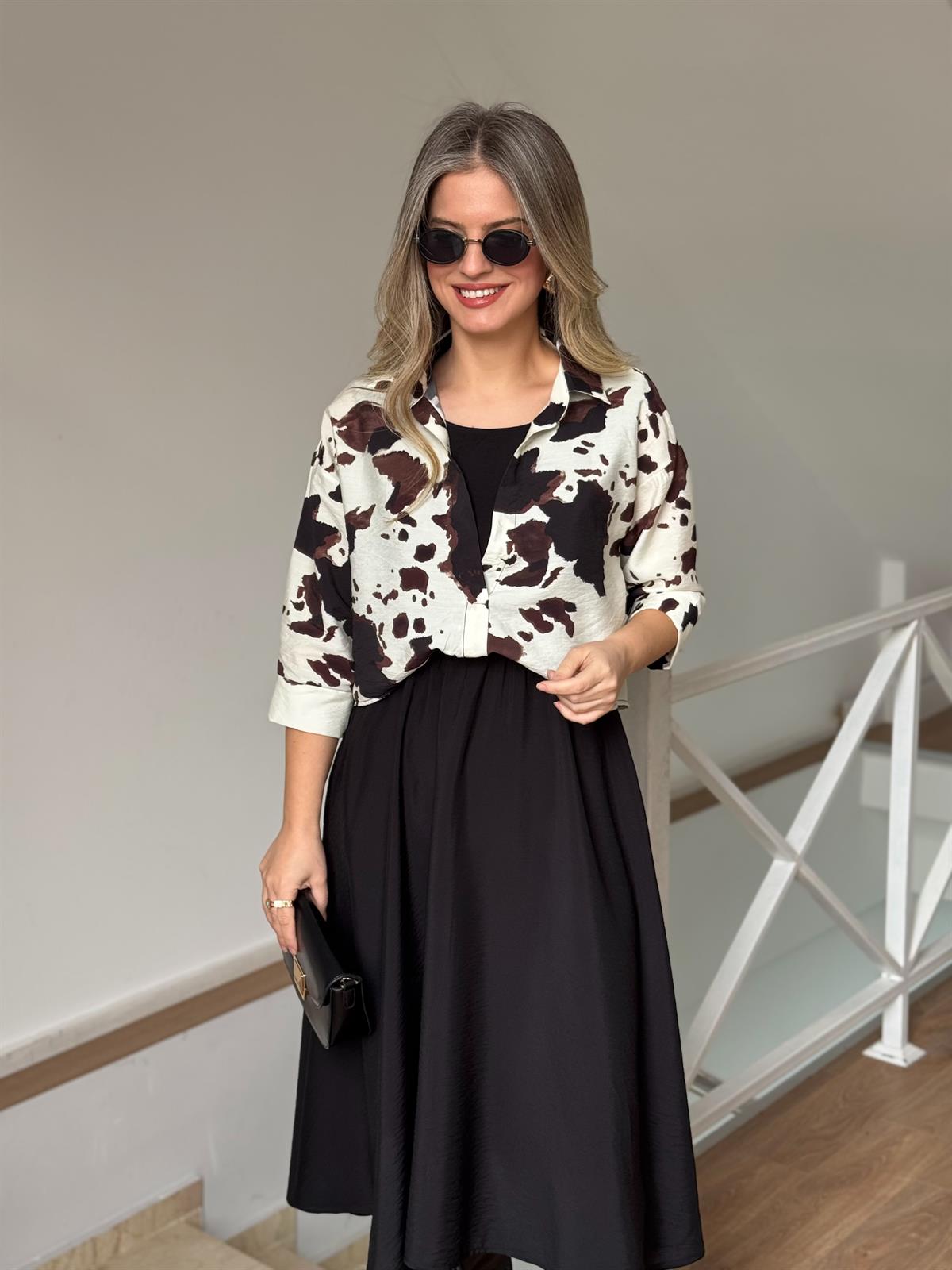  Gömlek Detaylı Midi Elbise - Ekru