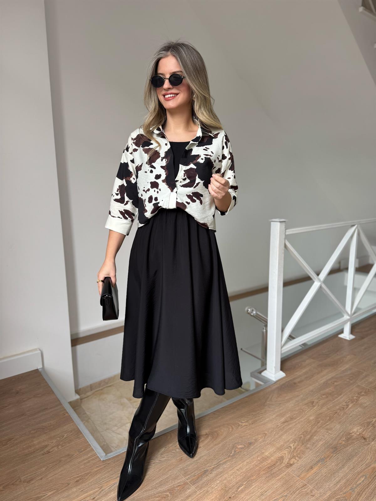  Gömlek Detaylı Midi Elbise - Ekru