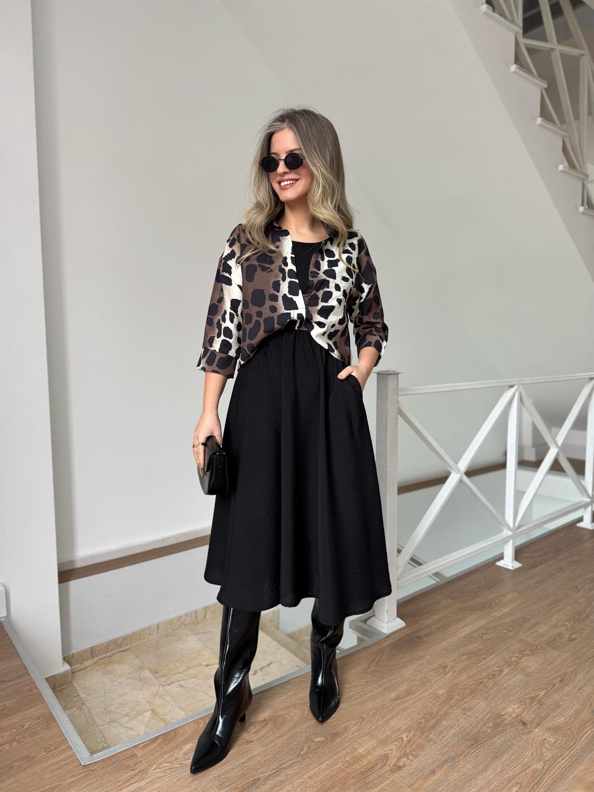  Gömlek Detaylı Midi Elbise - Kahverengi