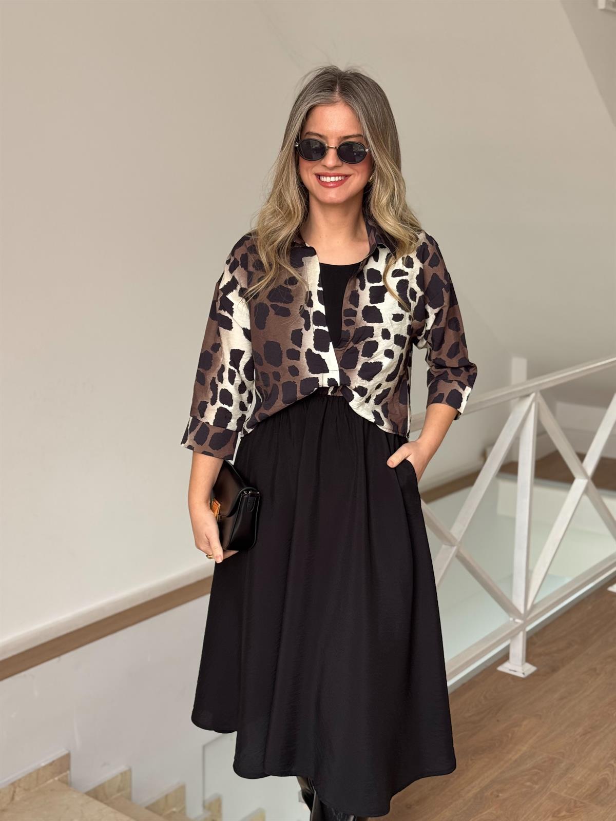  Gömlek Detaylı Midi Elbise - Kahverengi