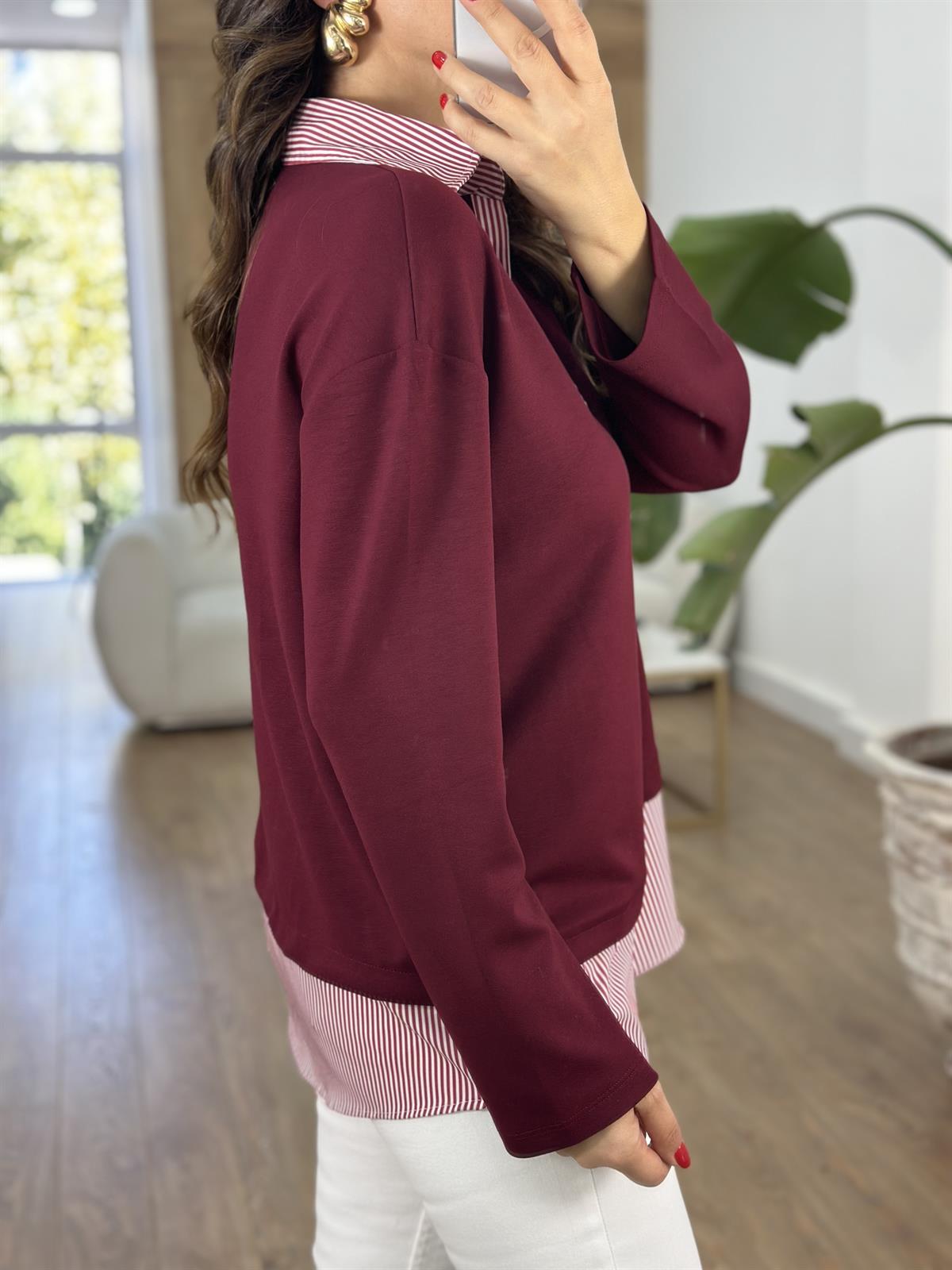  Gömlek Detaylı Modal Sweatshirt - Bordo