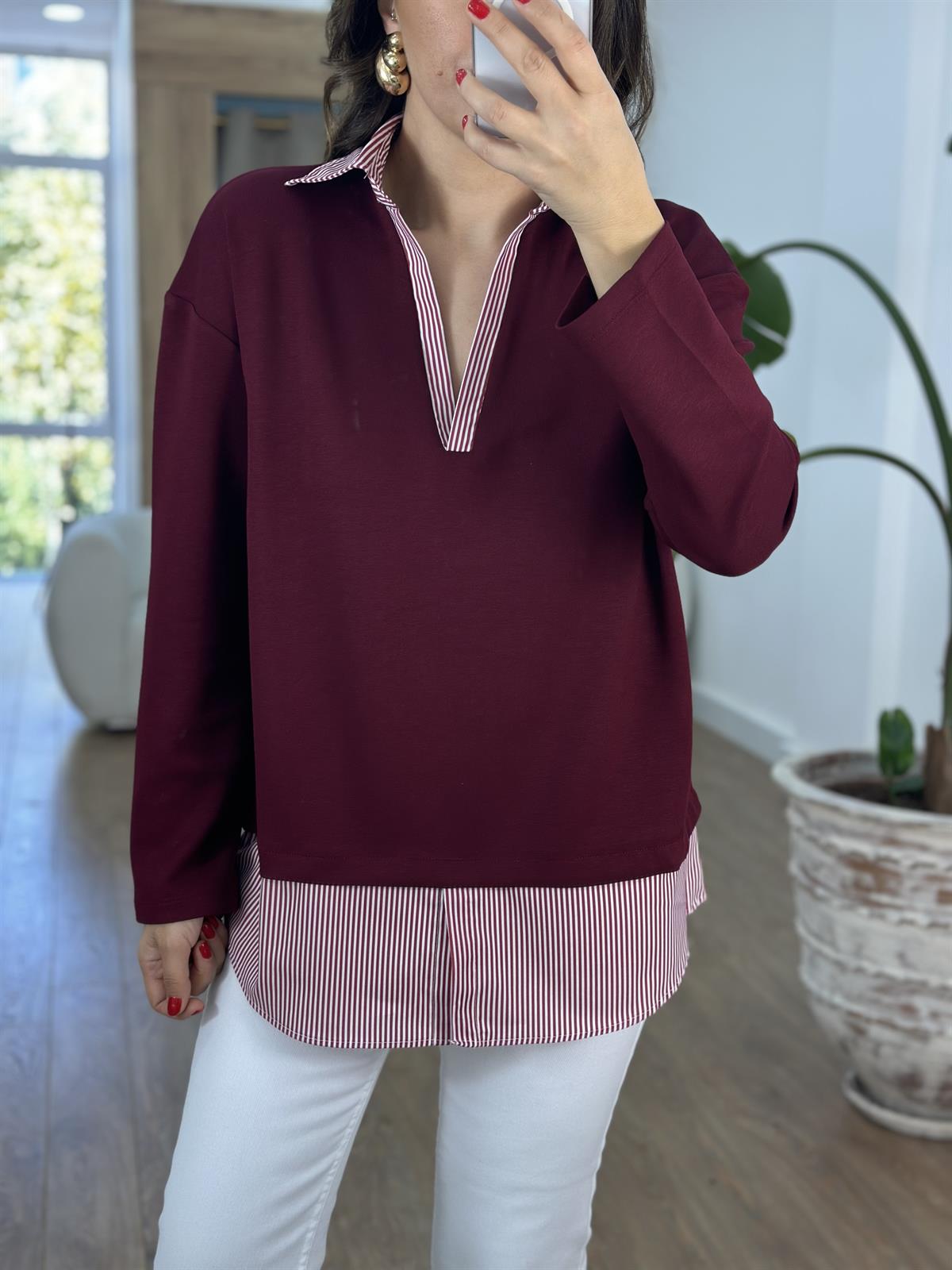  Gömlek Detaylı Modal Sweatshirt - Bordo