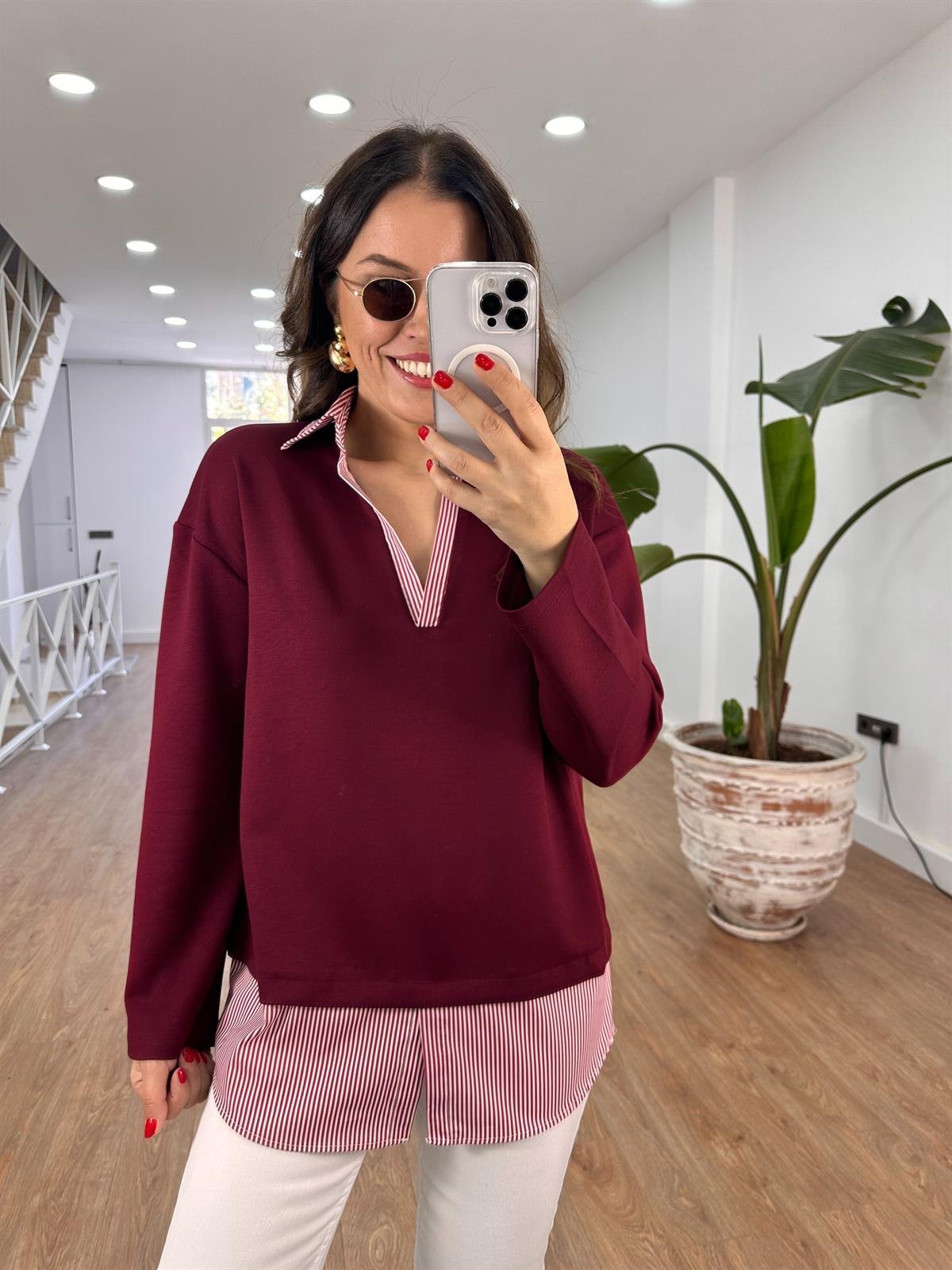  Gömlek Detaylı Modal Sweatshirt - Bordo