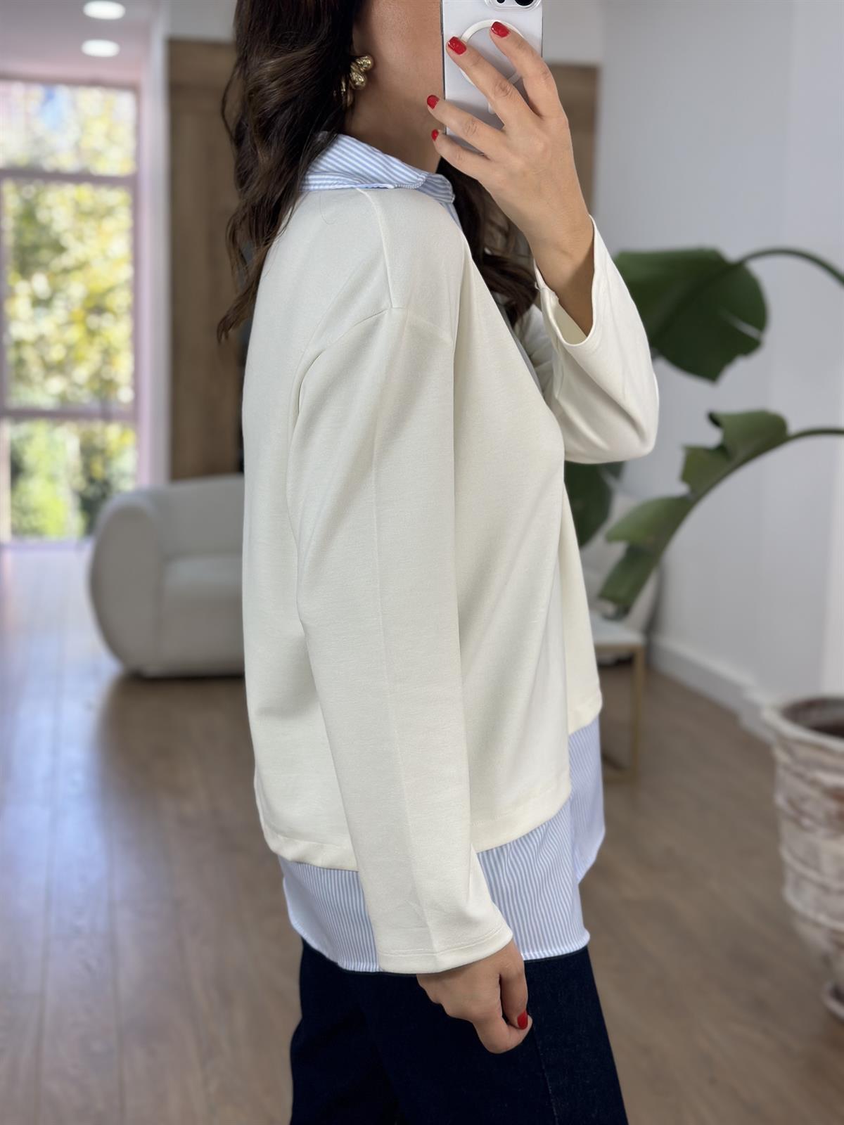  Gömlek Detaylı Modal Sweatshirt - Ekru