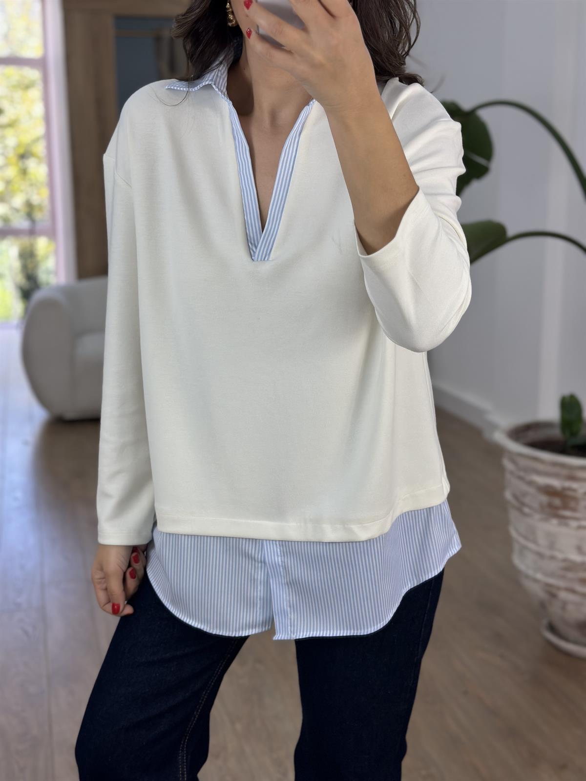  Gömlek Detaylı Modal Sweatshirt - Ekru