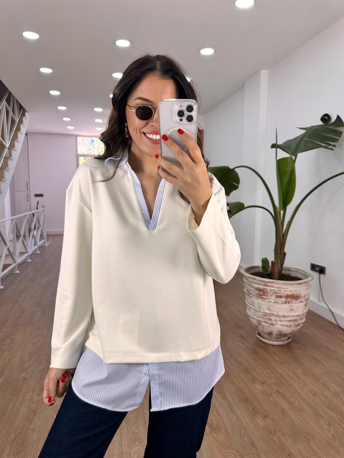  Gömlek Detaylı Modal Sweatshirt - Ekru