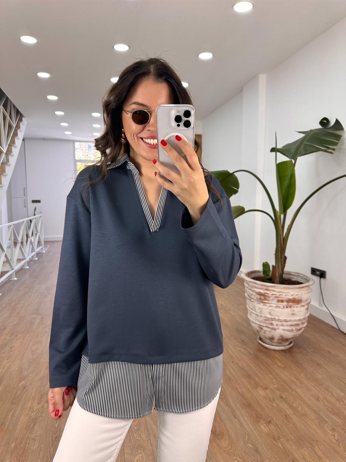  Gömlek Detaylı Modal Sweatshirt - Füme