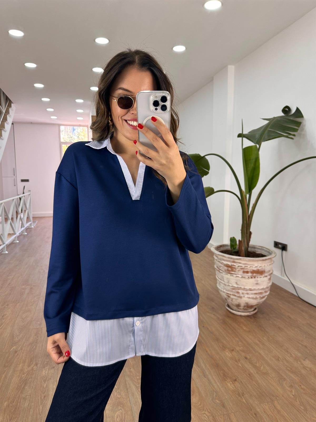  Gömlek Detaylı Modal Sweatshirt - Lacivert