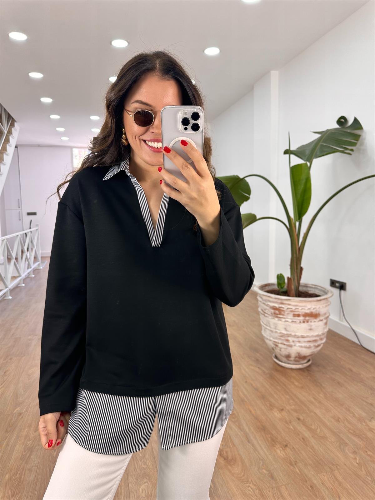  Gömlek Detaylı Modal Sweatshirt - Siyah