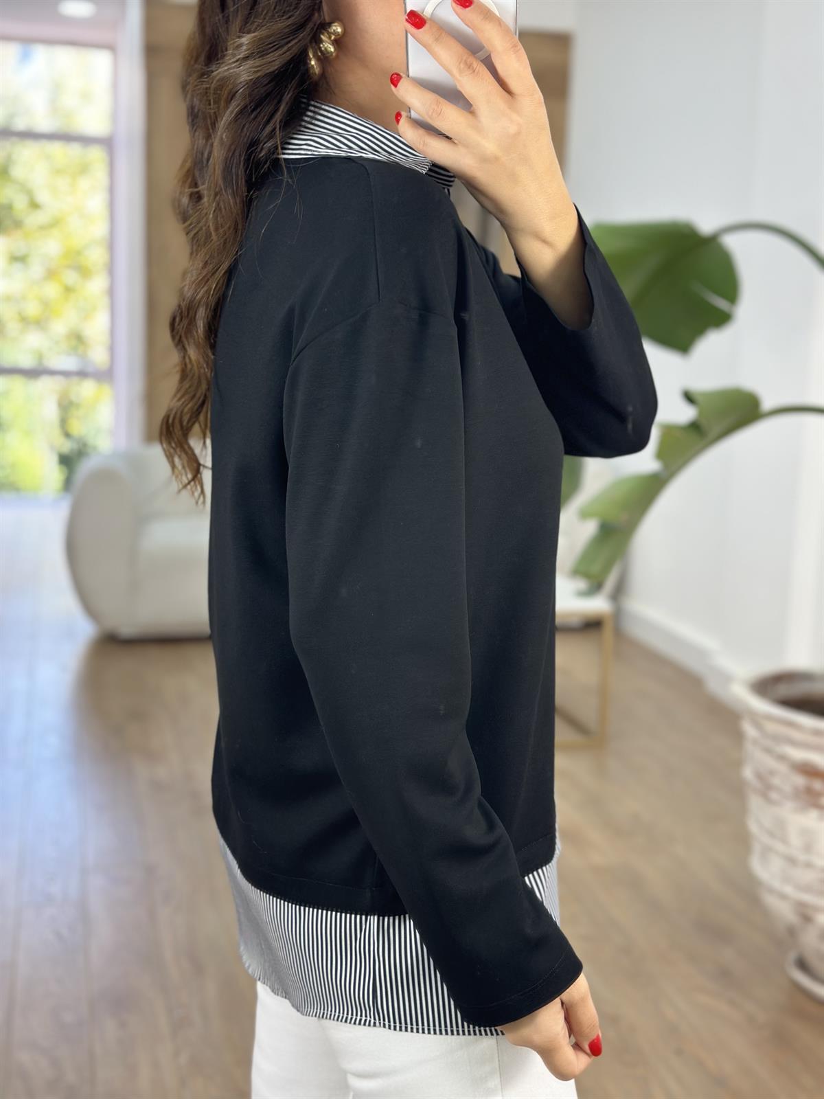  Gömlek Detaylı Modal Sweatshirt - Siyah