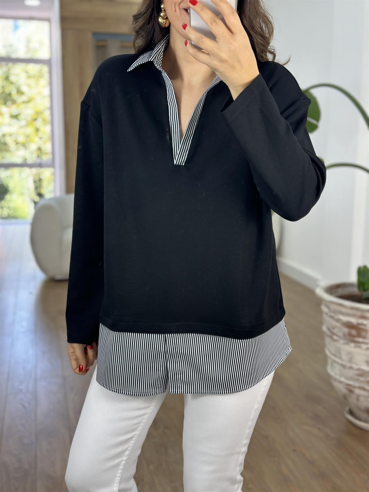  Gömlek Detaylı Modal Sweatshirt - Siyah