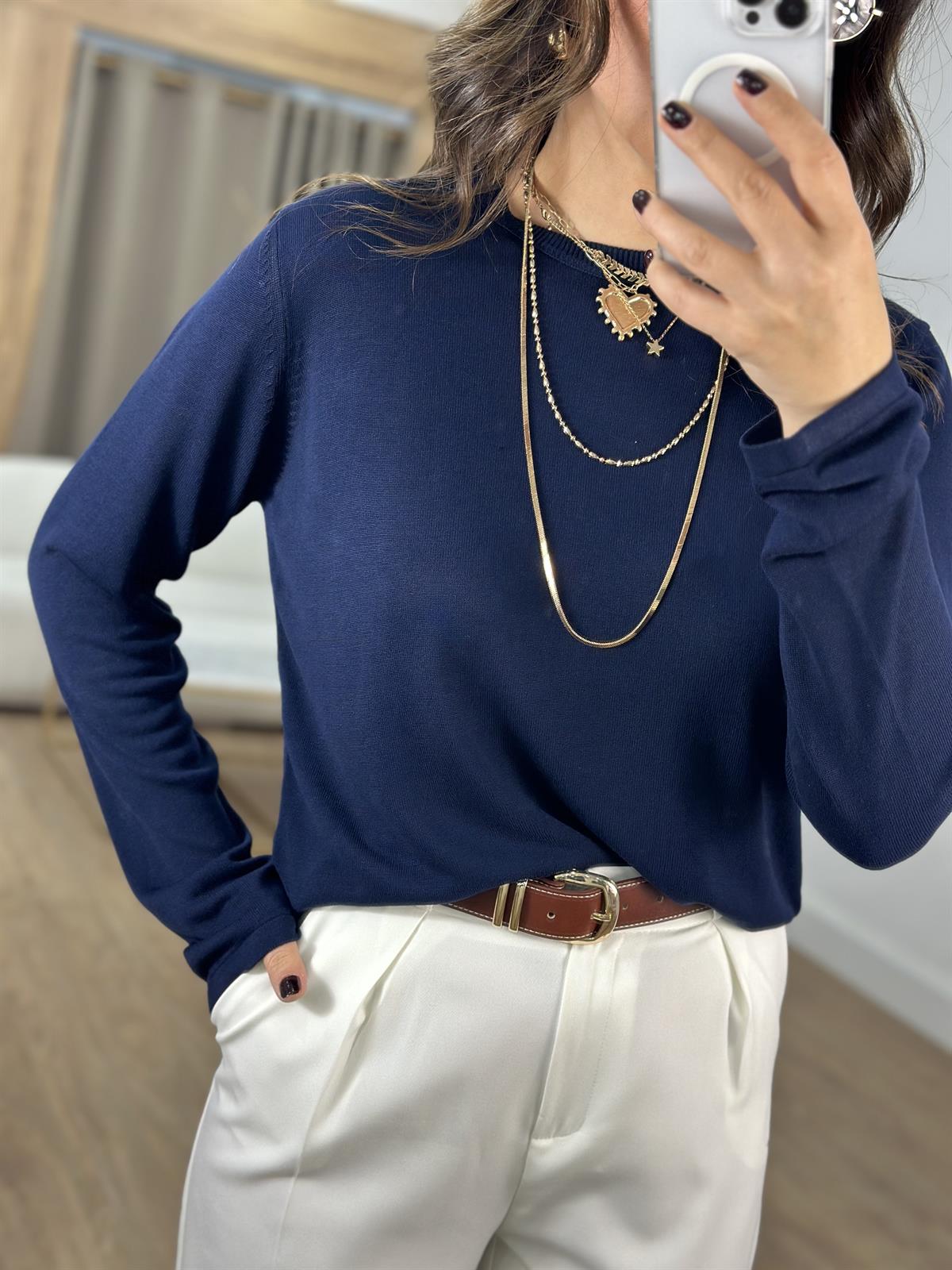  Orijinal Marka Bisiklet Yaka Triko Bluz- Lacivert