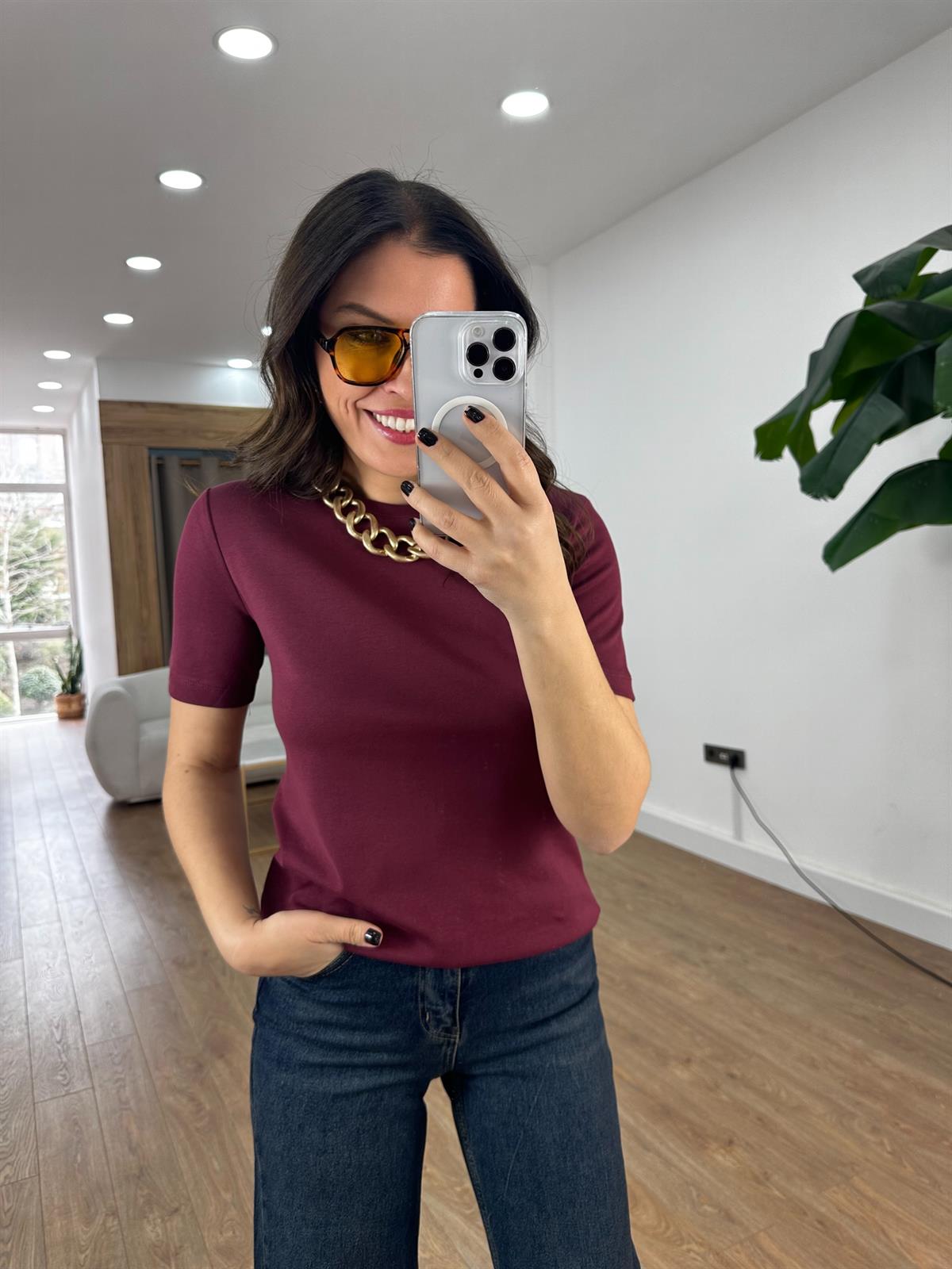  Orijinal Marka Bisiklet Yaka Kısa Kollu Tshirt - Bordo