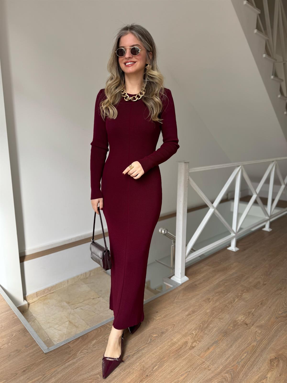  Uzun Kollu Maxi Boy Triko Elbise - Bordo