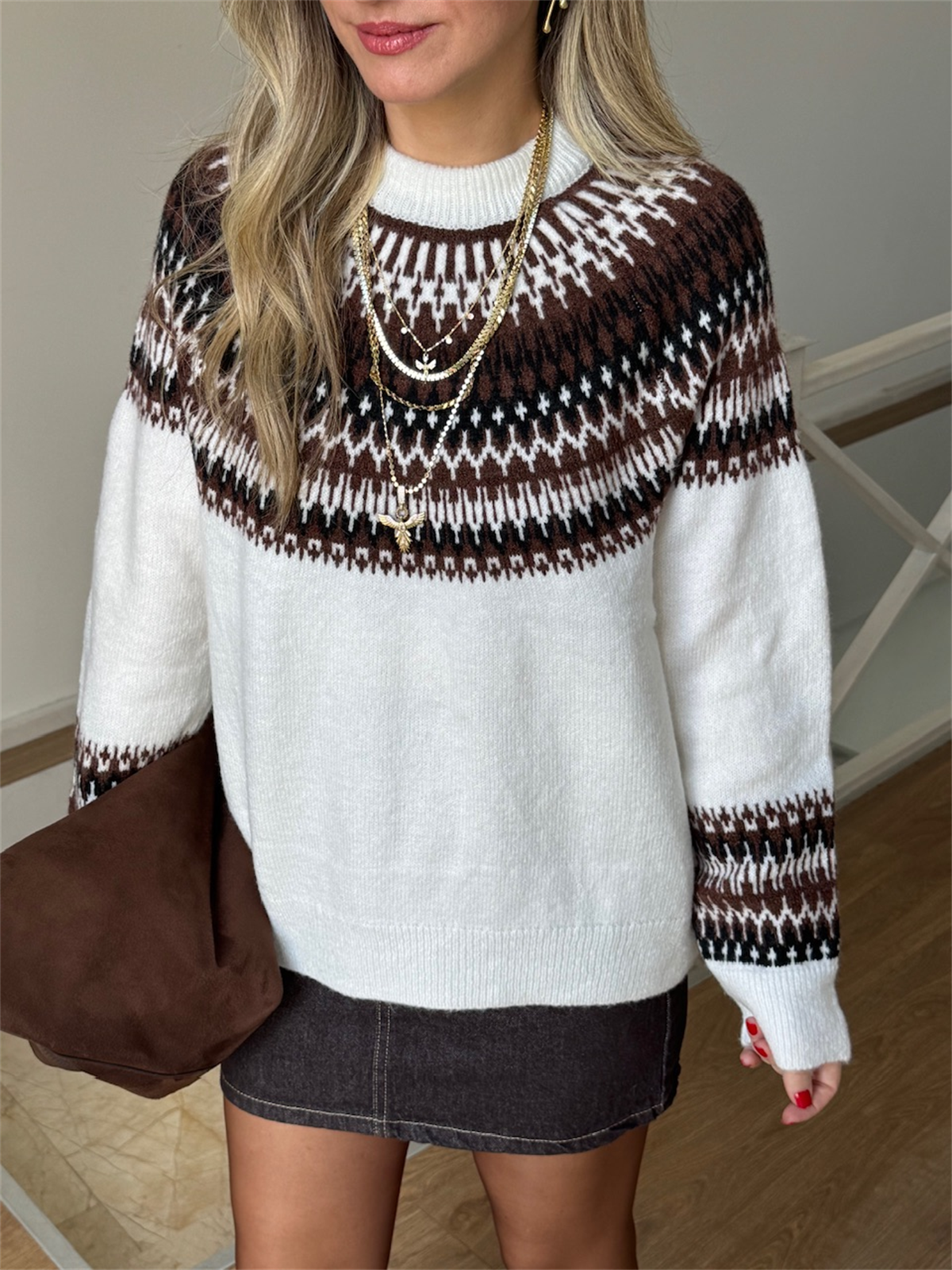 Bisiklet Yaka Jakarlı Desenli Kazak - Ekru 