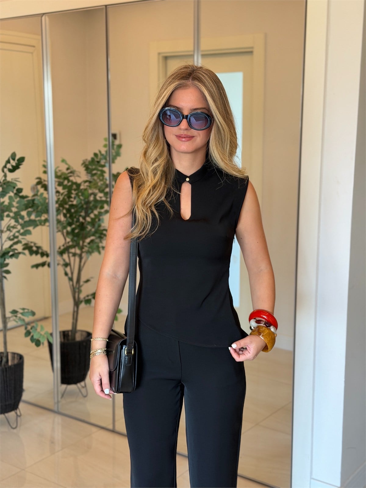 Damla Detaylı Bluz Pantolon Takım - Siyah