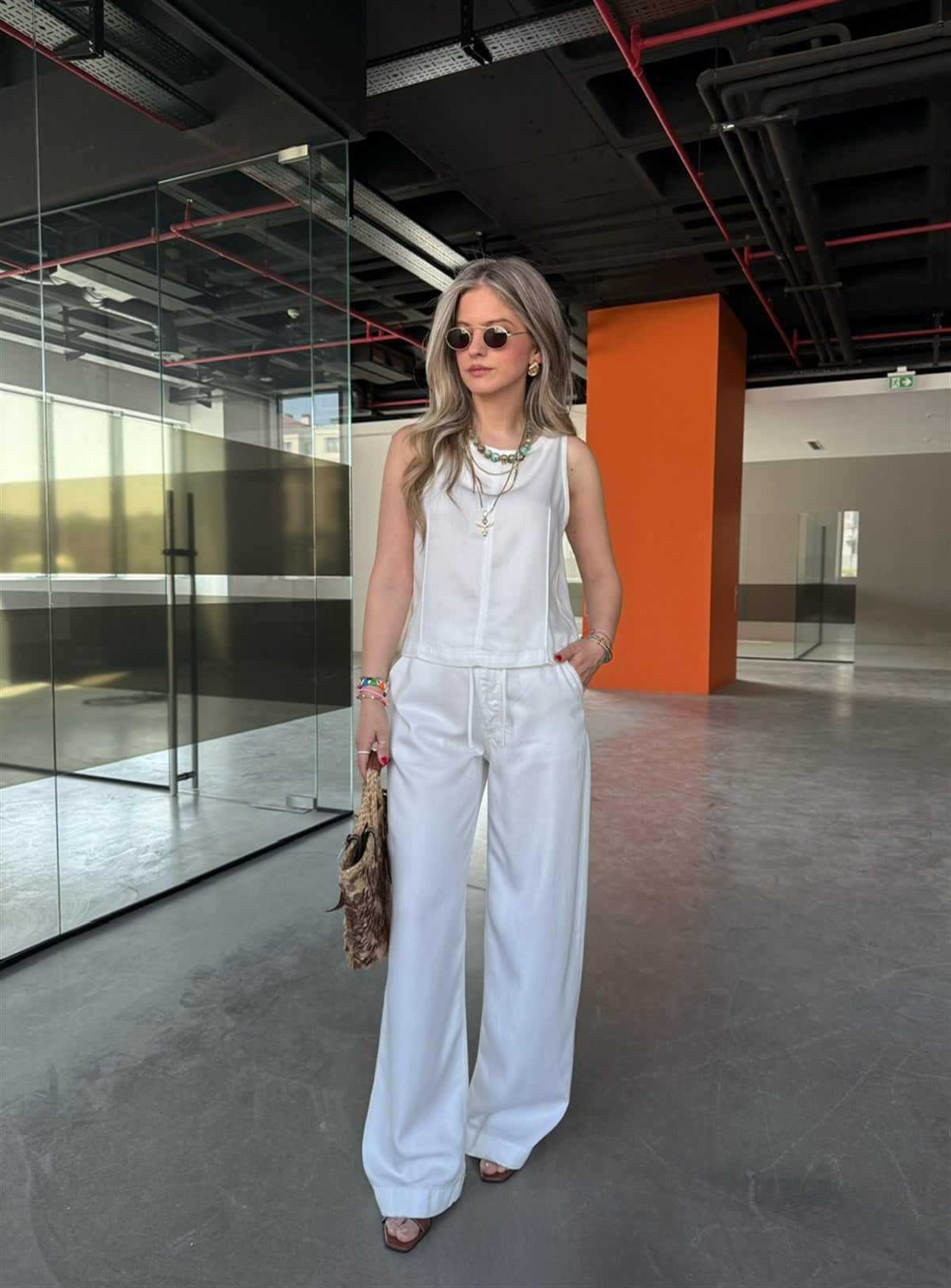Tensel Denim Premium Bluz Pantolon Takım - Beyaz