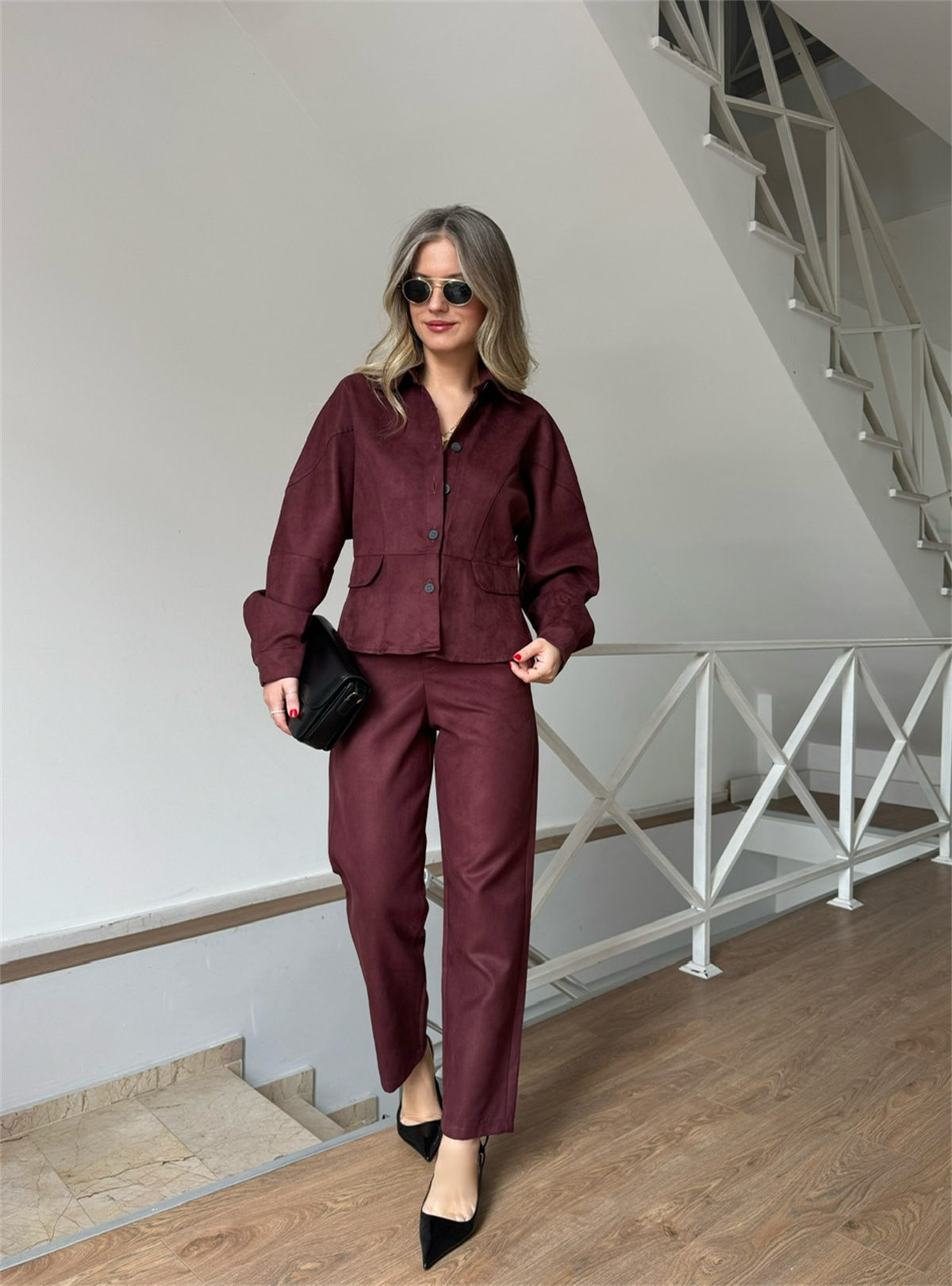 Önü Düğmeli Süet Pantolon Gömlek Takım - Bordo