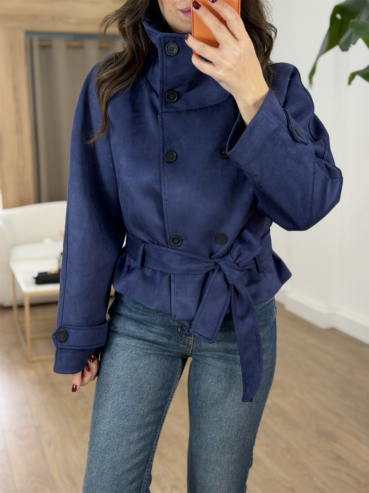 Dik Yaka Kuşaklı Süet Ceket - Lacivert 